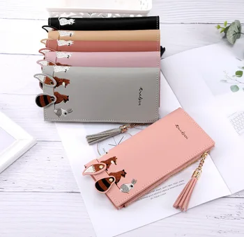 

New Animal pattern hand-embroidered long wallet cute women's tassel multi-card wallet purse card package Zipper Hasp Purse