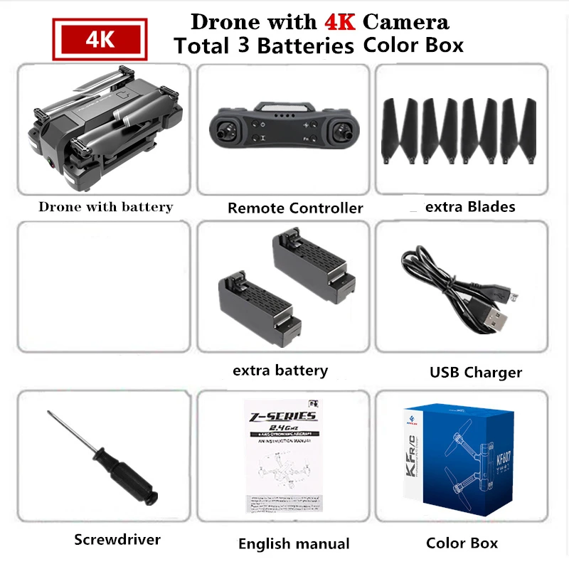 4K Color Box 3B Радиоуправляемый Дрон KF607 с 4 K/1080 P HD Двойная камера оптический поток селфи-Квадрокоптер складной мини дроны VS Z5 VISUO XS812 E58 - Цвет: 4K Color Box 3B