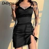 Darlingaga Strappy Satin Ruched Black Dress Mini Lace Spliced Side Split Sexy Dress Female Sundress Backless Ladies Dresses 2022 ► Photo 1/6