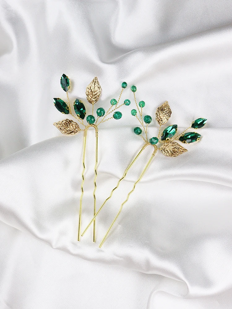 Green Rhinestones Wedding Hairpins Gold Leaves Bridal Hair Clips Prom Banquet Women Hair Accessories Festival Jewelry hair accessories,bridal hair accessories
