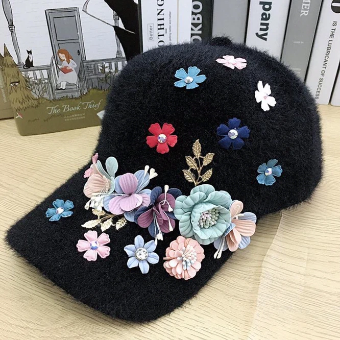 stylish baseball caps for ladies Hat Korean Version Winter Thickened Warm Inlaid Rhinestone Fox Baseball Cap Girl Plush Cap Duck Tongue Cap White base cap