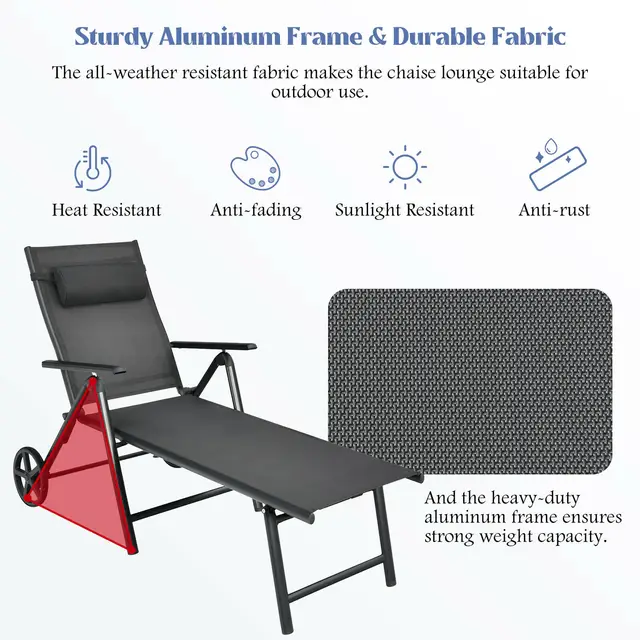 Patiojoy Patio Lounge Chair W/ Wheels Neck Pillow Aluminum Frame