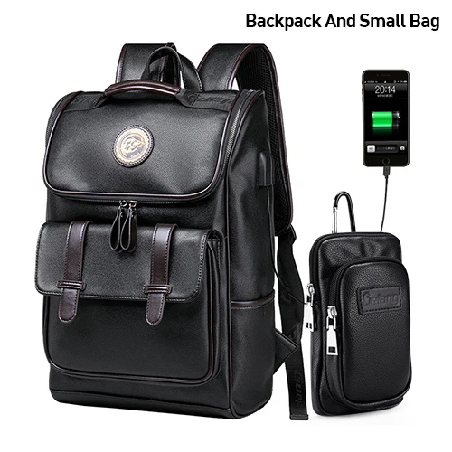 LIELANG рюкзак мужской кожаный школьный рюкзак сумка для колледжа простой дизайн мужские повседневные Рюкзаки Дорожные рюкзаки анти вор - Цвет: Black And Small Bag