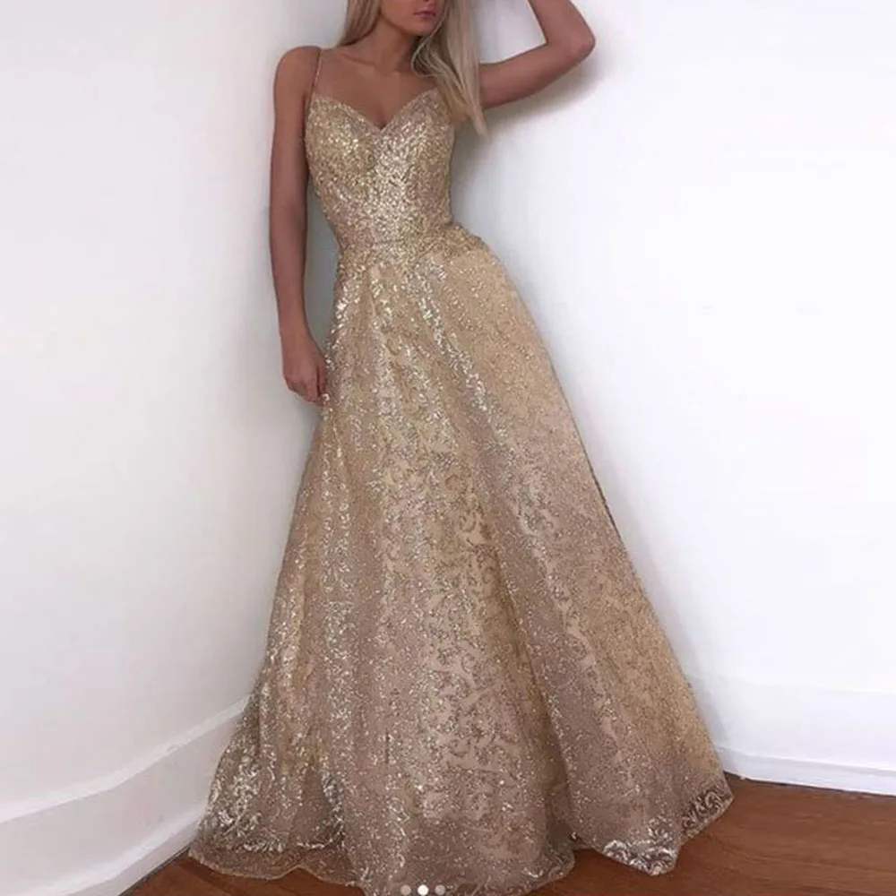 

Elegant Khaki V Neck Prom Party Long Dress Sexy Sleeveless Spaghetti Straps Sequins Evening Dresses Gowns Women Maxi Robe