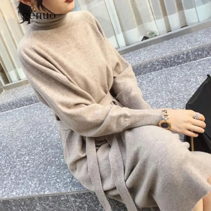 

Knitted Sweater Dress Women Autumn Winter Long Turtleneck New Elegant Designer Korean Lady Knitting Dresses Female Pullover Belt