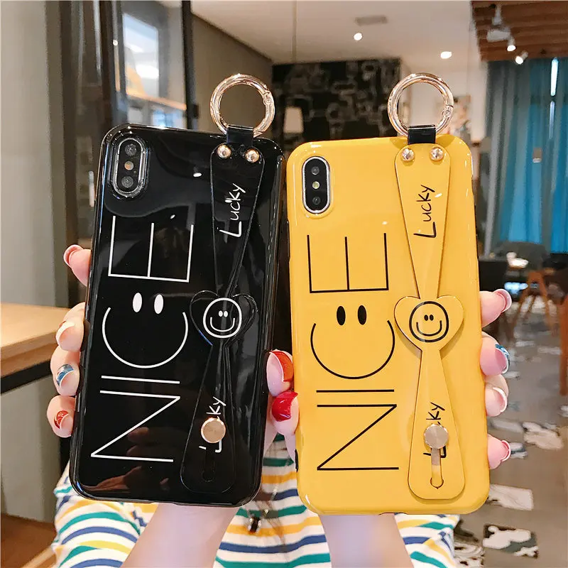 

Wrist Strap Soft Case for iPhone 8 Cases Ring Stand Holder Nice Smiling Face Cover for iPhone X XS MAX XR 7 8 Plus 6 6S