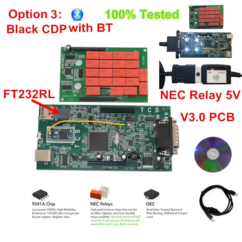 TCS,1+ keygen Multidiag Pro Bluetooth v3.0 pcb OBDIICAT-CDP 5V Красный NEC Реле мульти диагональ Pro OBD2 диагностический сканер - Цвет: Black CDP no BT