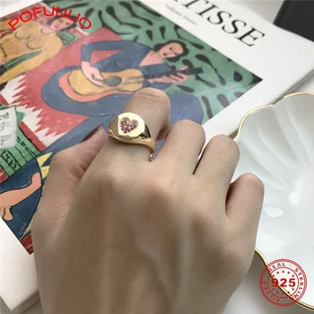 

POFUNUO European American Fashion Fine Jewelry Women 925 Sterling Silver Gold Heart Open Rings Minimalism Lovers Gift Chic Rings