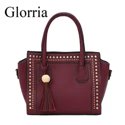 Женская маленькая трапециевидная сумка с заклепками и кисточками, известный бренд, дизайнерские сумки, Высококачественная сумка-торба из