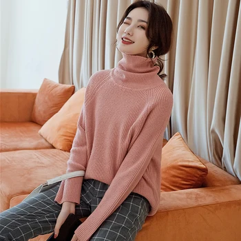 

2019 Autumn and Winter New Cashmere Sweater Women's High Collar Loose Pullover Sweater