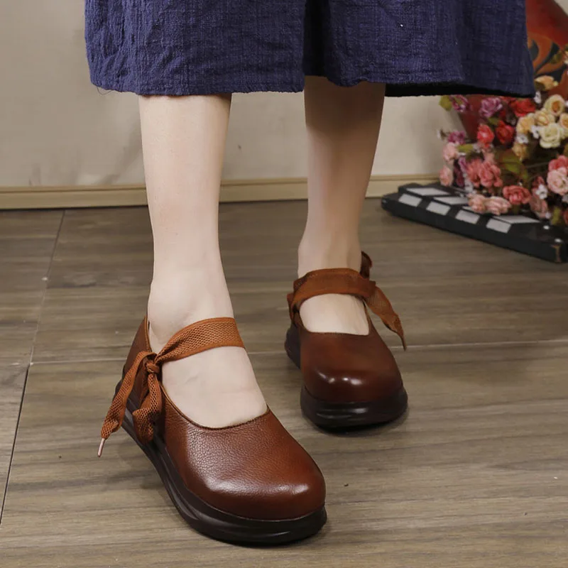 

Artdiya Original Spring Genuine Leather Shoes New Thick Sole Platform Women's Shoes Retro Handmade Riband Strap Round Toe Shoes