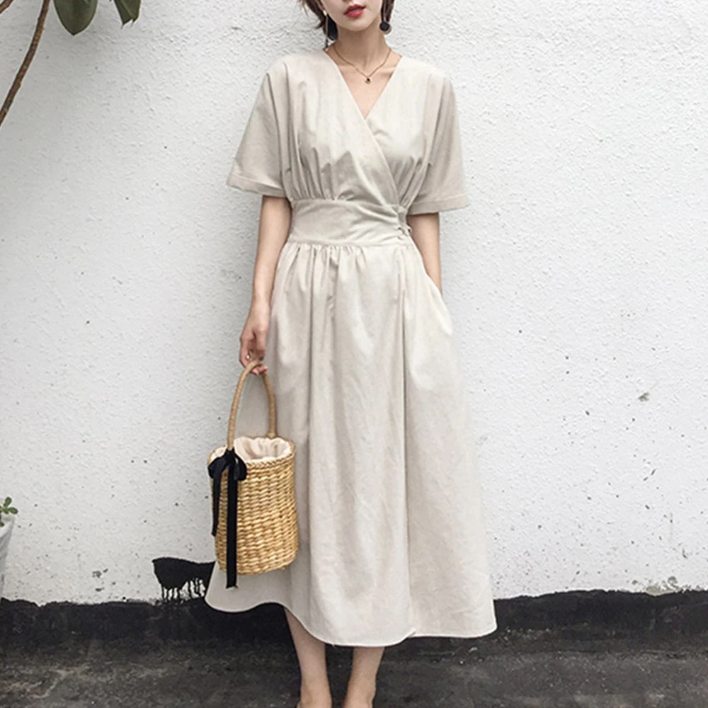 Women Midi Dresses Casual Linen High Waist Lace Up Female Korean Beige