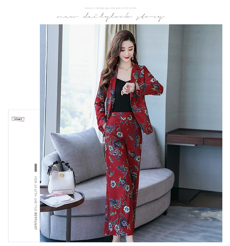 Kleine geur stijl mode pak vrouwelijke herfst nieuwe vrouwen afdrukken kleine pak wijde pijpen broek twee stuk lente Ms. set