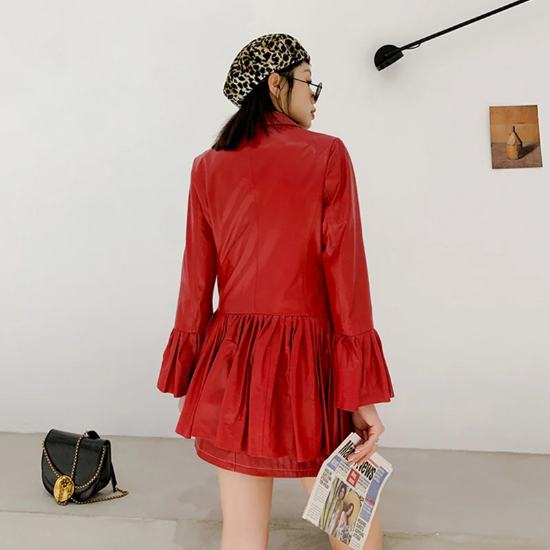 Elegant Double Breasted Pleated Ruffles Jacket Women Genuine Sheepskin Real Leather Long Blazer Coat Flare Sleeve Clothes Ladies