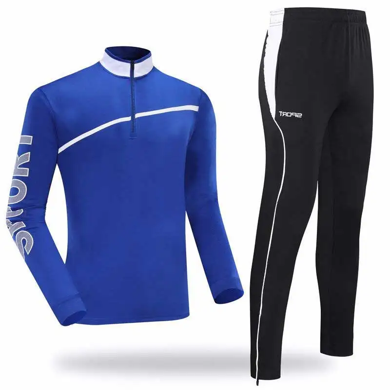 Мужская толстовка для бега+ спортивные штаны Йога, тренировки, фитнес-компресс наборы быстросохнущие тренировки тренировочные спортивные рубашки+ брюки 1904 - Цвет: Синий