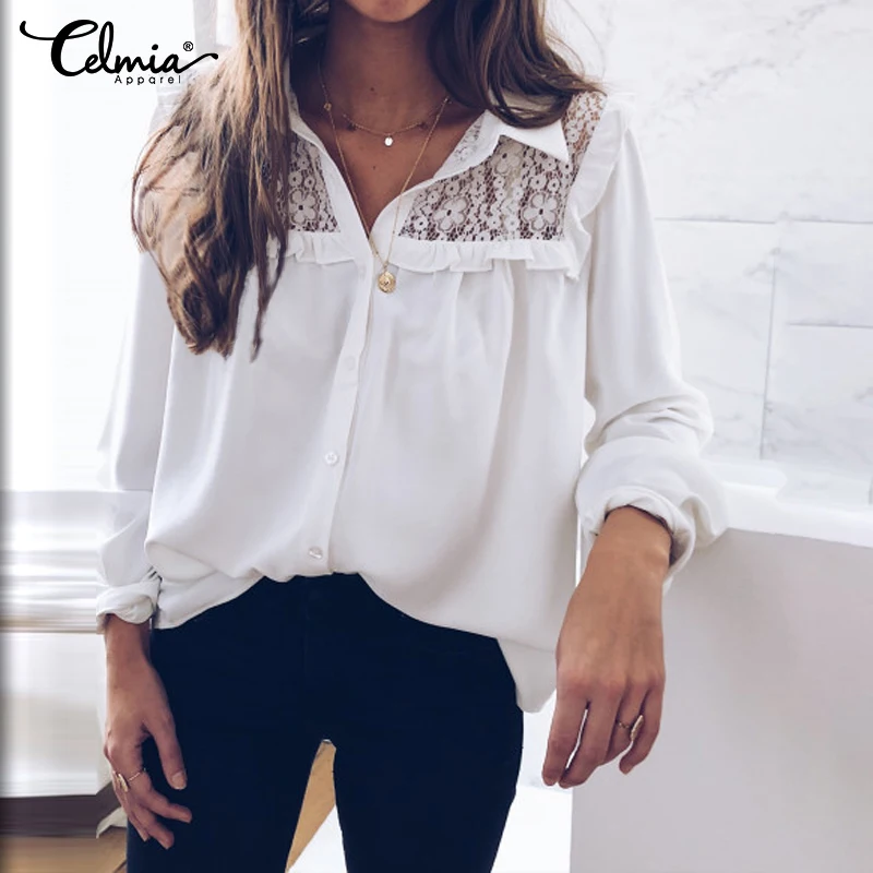 

Celmia Womens Long Sleeve Fashion Shirts Laple Lace Casual Tops Loose Elegant OL 2020 Office Blouse Party Blusas Femininas 5XL