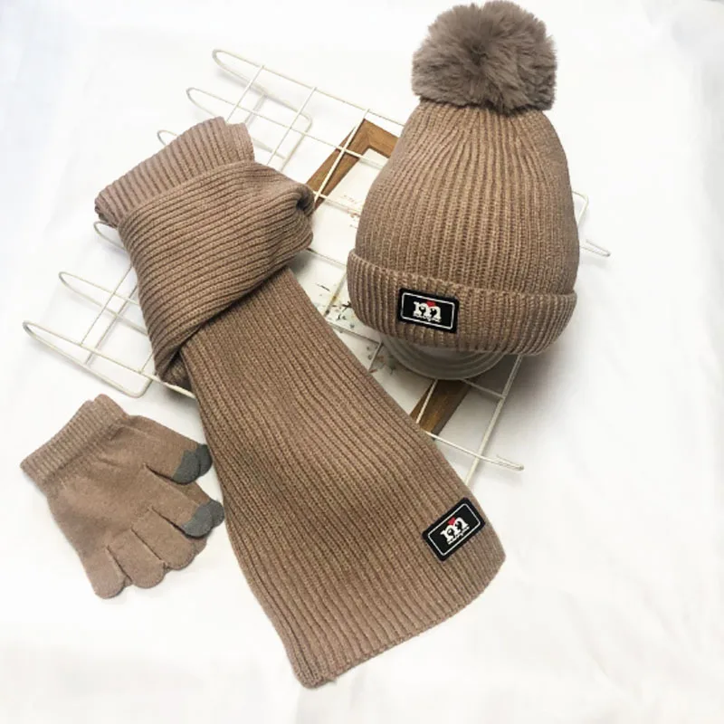 Winter Solid Color Outdoor Beanie Hat for Boys Girls Warm Knitted Hat Cap with Scarf and Glove Sets Kids Accessories 3-8Y