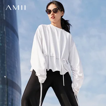 

Amii Minimalist Spring Causal Designed Pullovers Women Oneck Drawstring Solid Sweatershirt Tops 11847017