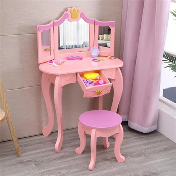 

USA Warehous Children's Dressing Table Three Foldable Mirror/Chair/Single Drawer Children's Dressing Table with Sturdy Stool
