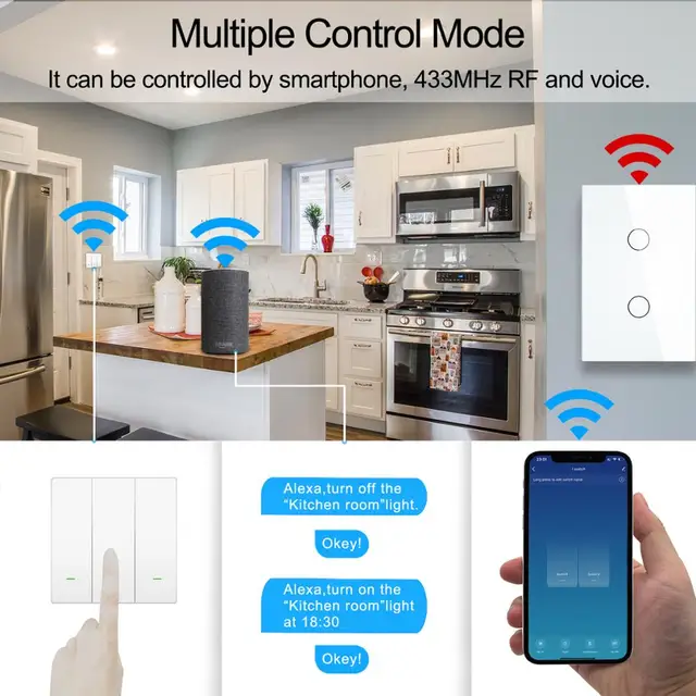 Smart Wifi Touch Switch No Neutral Wire Required Smart Home 1/2/3 Gang Light Switch 220V Support Alexa Tuya App 433RF Remote 3