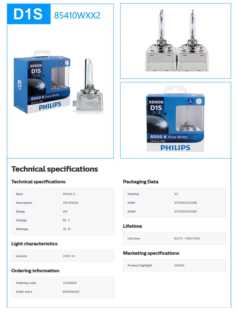 Philips HID 6000K D1S D2S D2R D3S D4S Ultinon холодный синий ксеноновый белый светильник, автомобильный обновленный головной светильник, лампочки, вспышка, быстрый запуск, пара