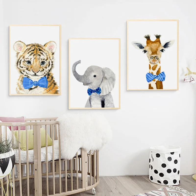 Watercolor Lovely Animal Canvas Painting, Nursery Tie Giraffe Lion Elephant Tiger Posters and Prints for Kids Room Decor