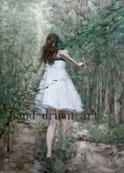 

Professional hand-painted oil painting romantic art on canvas: beautiful girl run on the boulevard. Accept custom oil painting