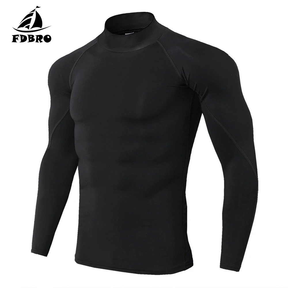 FDBRO мужские рубашки с длинным рукавом Куртка для бега эластичный Быстросохнущий свитер с воротником-стойкой спортивная рубашка Спортивная одежда для мужчин - Цвет: black-black