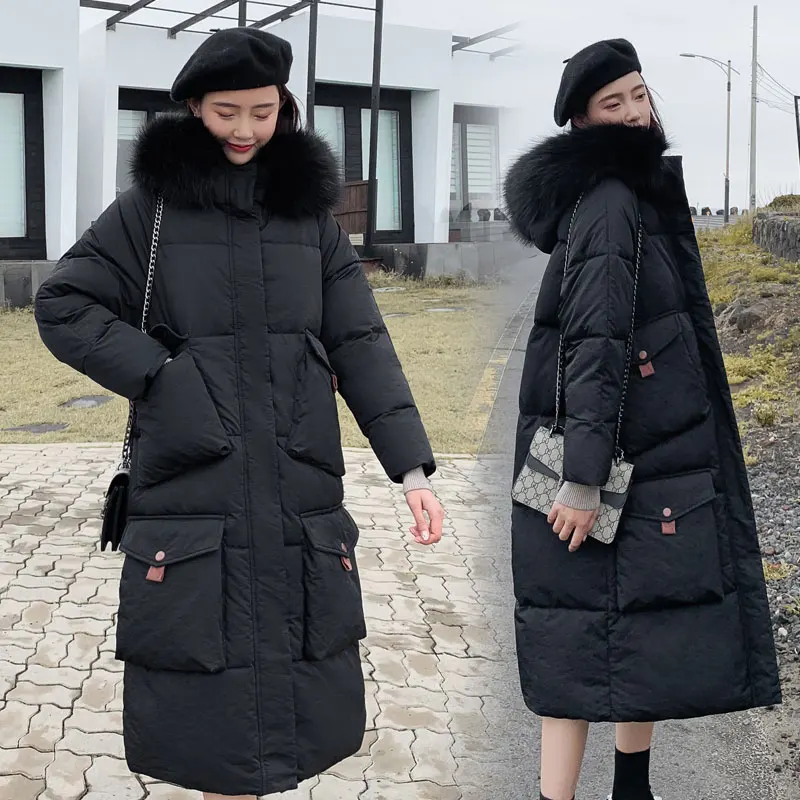 Длинное меховое пальто с капюшоном, зимнее пуховое пальто для женщин, большой размер, пекарская куртка, ватные парки с хлопковой подкладкой, ветрозащитные рукава, большой карман - Цвет: BLACK