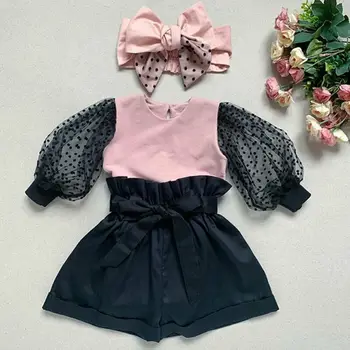 

Infant Baby Girl Kid Cute Clothes Set Puff Sleeve Dot Printed Top T-shirt + High Waist Shorts Headdress Outfit Clothes Sets