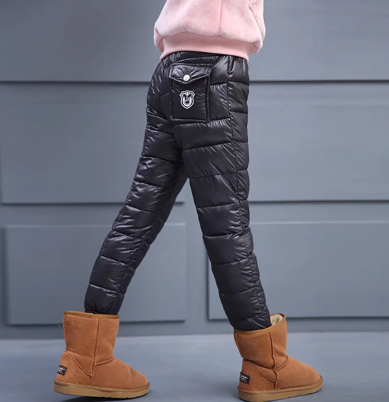Зимние Пуховые хлопковые брюки для больших детей однотонные теплые длинные штаны для мальчиков и девочек От 3 до 12 лет, детская верхняя одежда, зимние леггинсы для девочек детская одежда