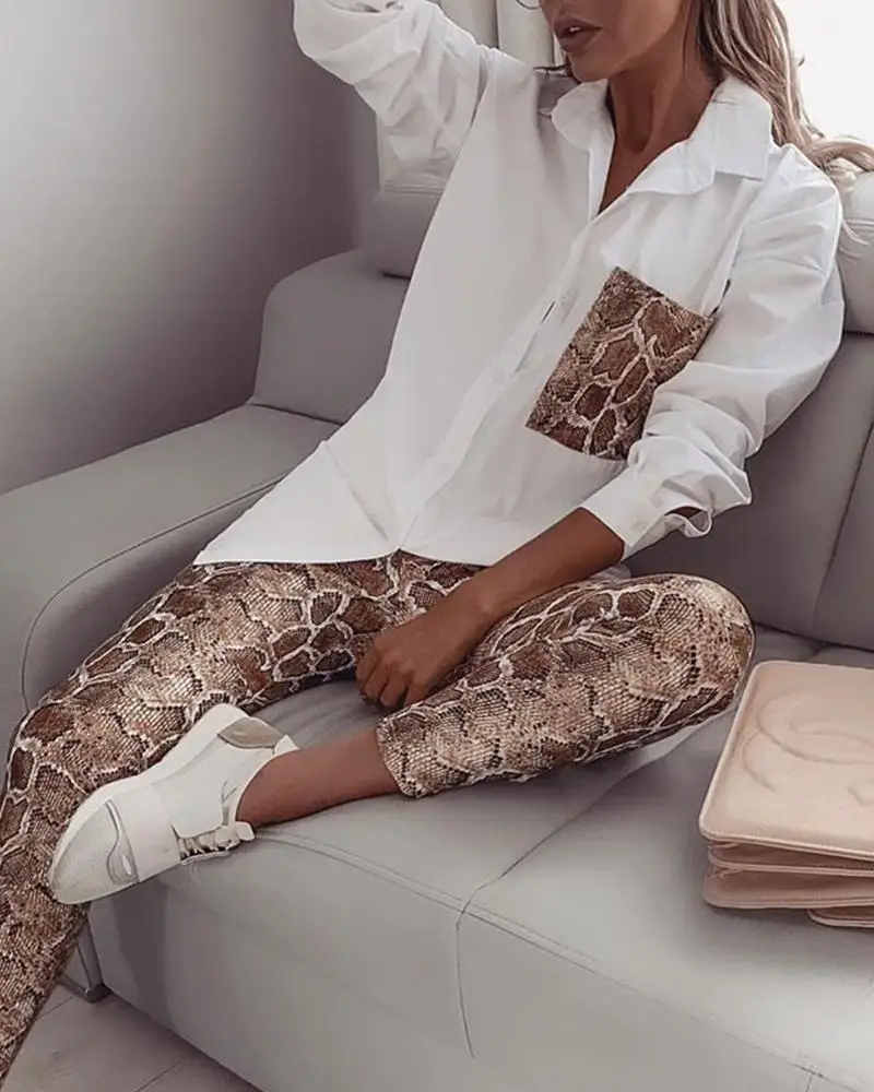 Повседневный Модный женский белый костюм, леопардовая сплайсинговая рубашка и леопардовые узкие брюки, комплект из 2 предметов, стильный наряд