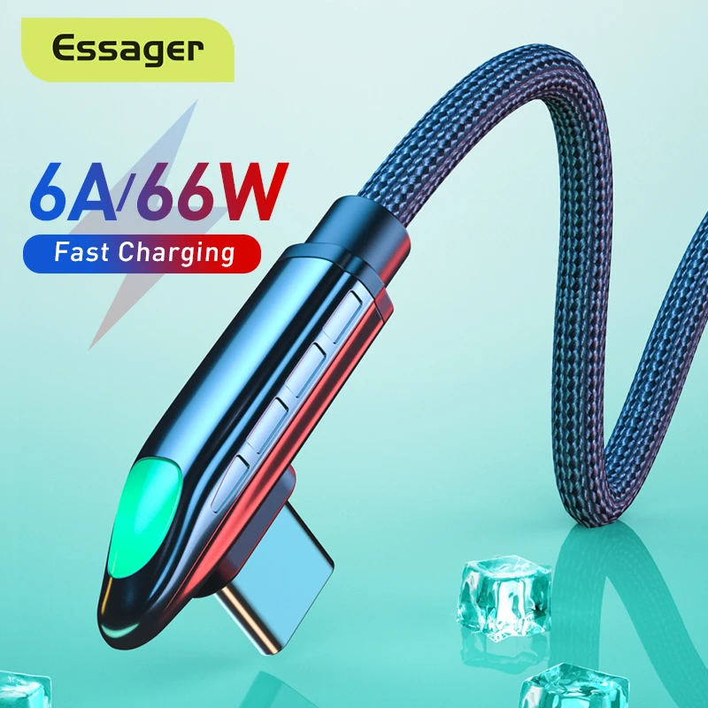 Essager 6A 66W USB Type C Cable For Huawei Mate 40 Pro Samsung LED 5A Fast Charging USB-C USBC Charger 90 Degree Cable Data Cord best fast charging cable for android