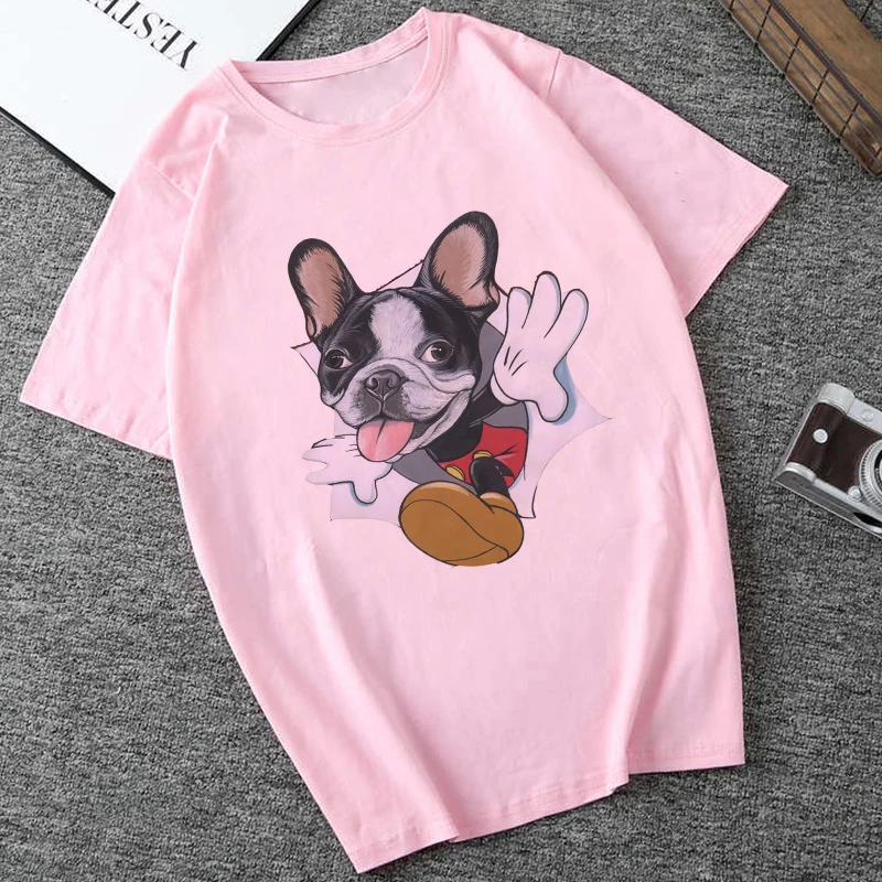 Kawaii Французский бульдог печать белая футболка Женская Повседневная забавная секция Harajuku рубашка Мода Винтаж розовый топы Женская одежда s - Цвет: 3533-pink