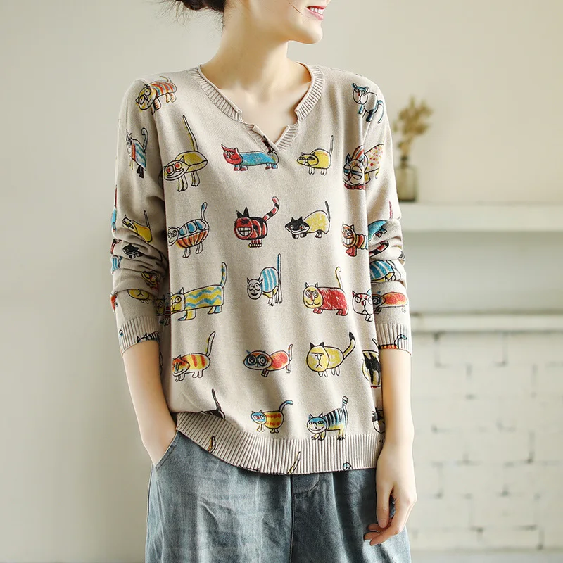 Cute Lovely Cartoon Cat Printing Women Loose Pullovers Thin Tops Spring Long Sleeved Casual Harajuku Knitted Sweater V Neck Pull | Женская