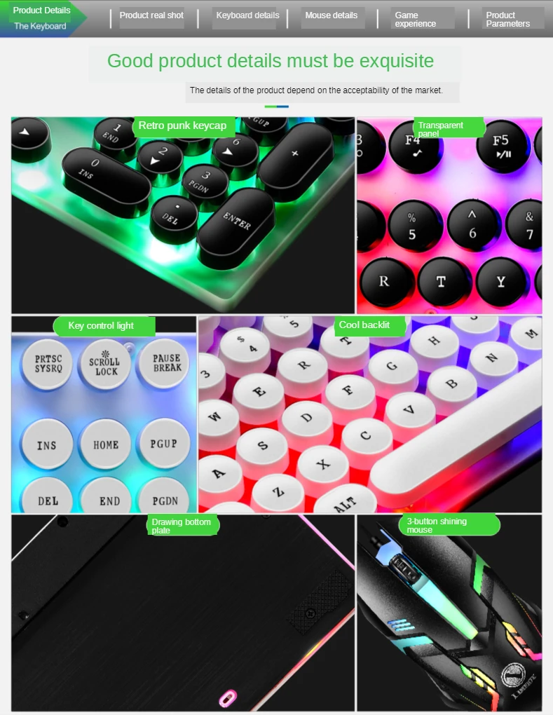 GTX300 Typewriter Keyboard and Mouse Set Punk Retro Keyboard Backlit Game USB Wired Keyboard and Mouse Set for PC Desktops