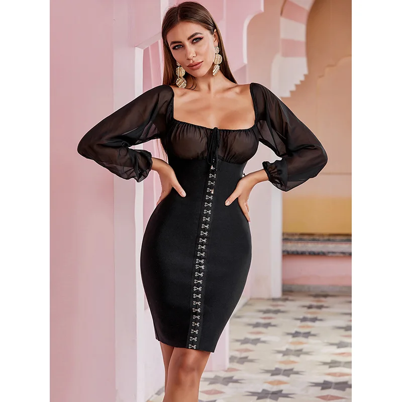 CIEMIILI Spring Women's New Arrival Dress Sexy Mesh Transparent Long Sleeve Bandage Dress Fashion Slim Fit Hip Party Mini Dress
