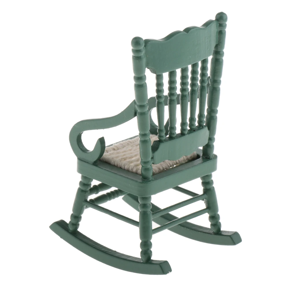 Dollhouse Wooden Chair with Plush Cushion, 1:12 Miniature Green Rocking Chair Model