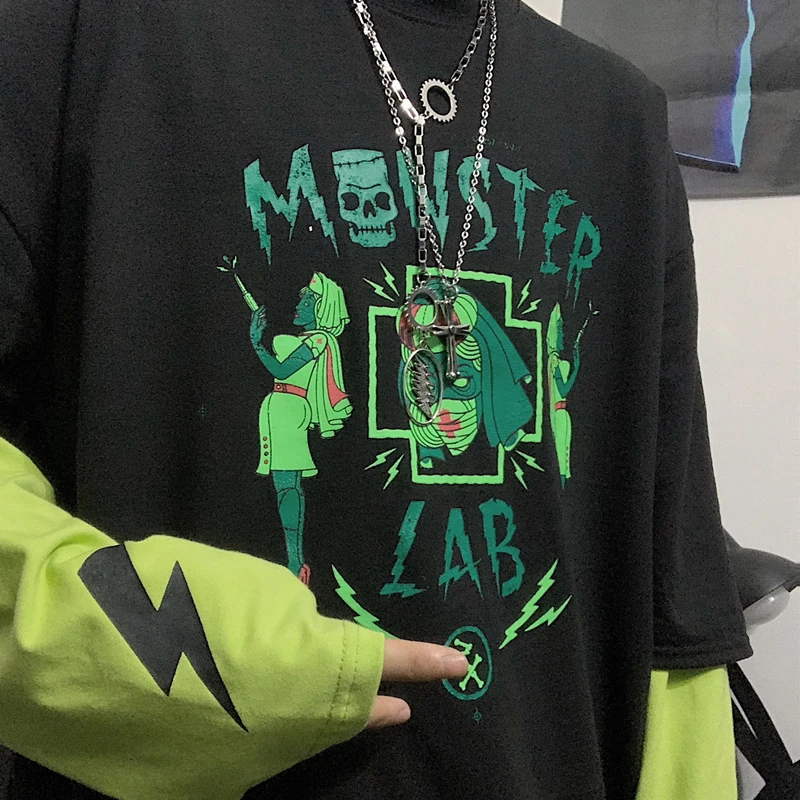 Woherb Harajuku футболка для женщин и мужчин поддельные 2 шт. мультфильм Письмо печати с длинным рукавом рубашка мода уличная Vete мужчины t Femme