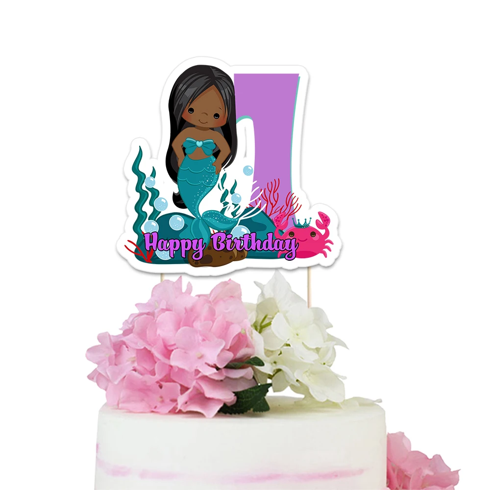 Mermaid Theme Party Paper Cake Topper Black Hair Girl Mermaid Kids Event Birthday Party Decorations Supplies Custom-Made Topper - Цвет: happy birthday1