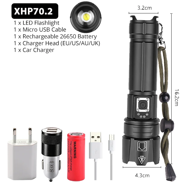 Package H Портативный Ультра мощный XHP70 светодиодный светильник 18650 вспышка светильник XLamp XHP50 USB Перезаряжаемый Тактический светильник 26650 фонарь с зумом - Испускаемый цвет: Package H