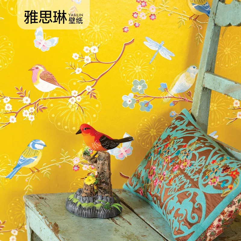 

High quality blue yellow pastoral flowers and birds pure paper Chinese wallpaper classical dining room living room TV background