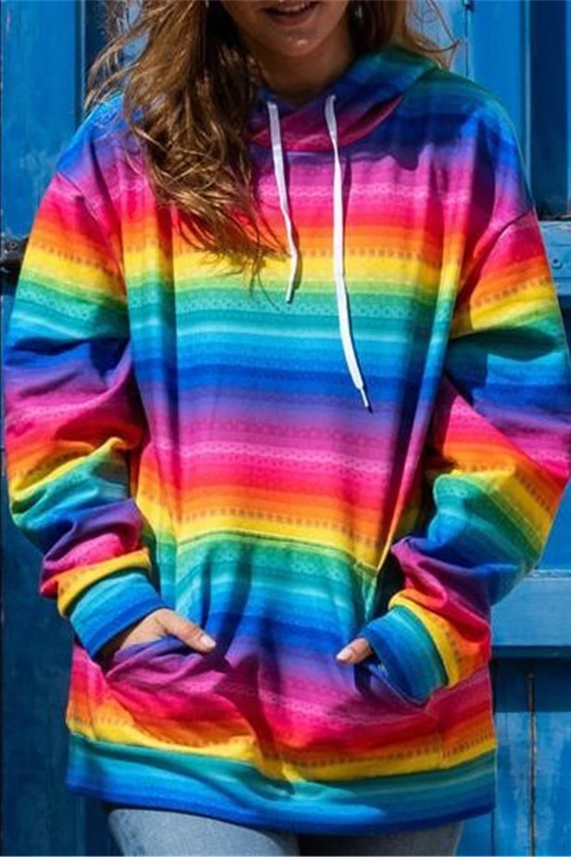 

Women Colorful Contrast Sweatshirt Front Pocket Casual Drawstring Loose Shoulder Long Sleeve Pullover Rainbow Oversized Hoodie