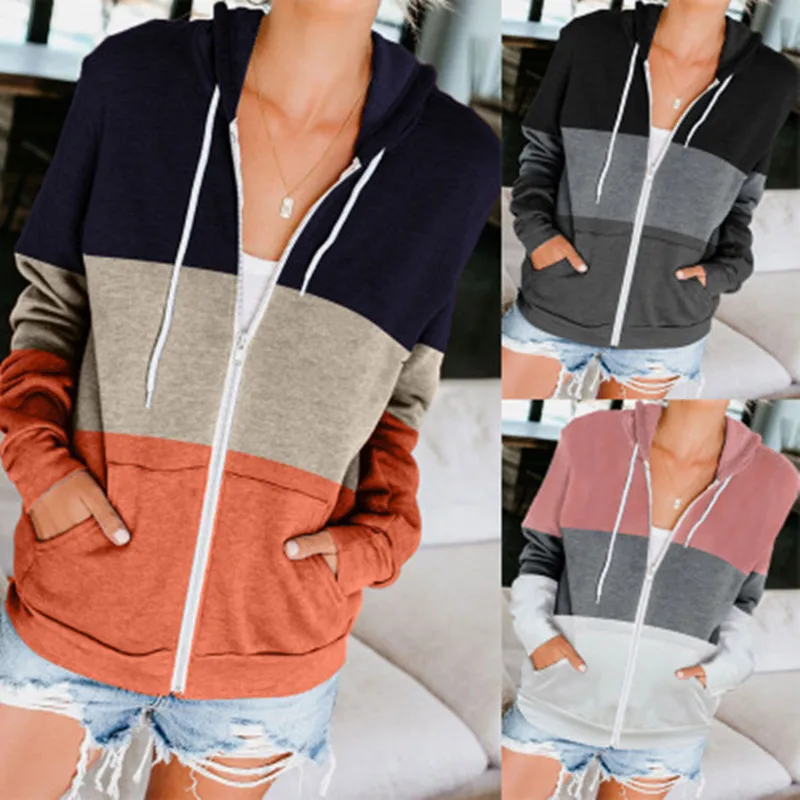 

Spring and autumn 2020 women's fashion Hoodie casual coat zipper Hoodie pocket color stitching Hoodie women's autumn top