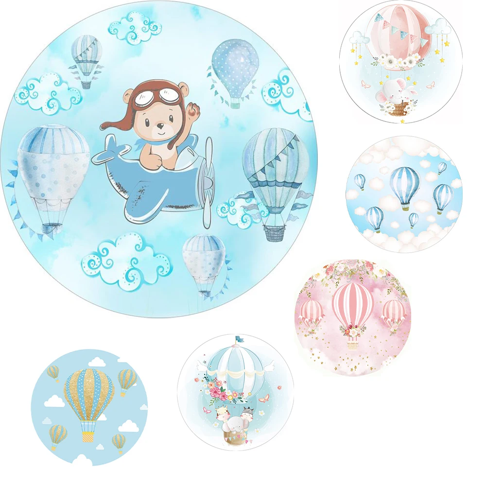 

Hot Air Balloon Baby Child Birthday Custom Round Backdrop White Clouds Flower Blue Sky Party Photophone Circle Backgrounds