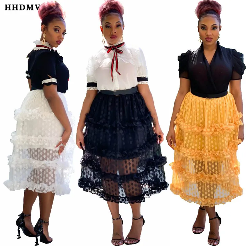 HHDMV GLLS10266 fashion high street girl style long skirt elastic lace hollow out skirt loose 3 color ankle-length long skirt