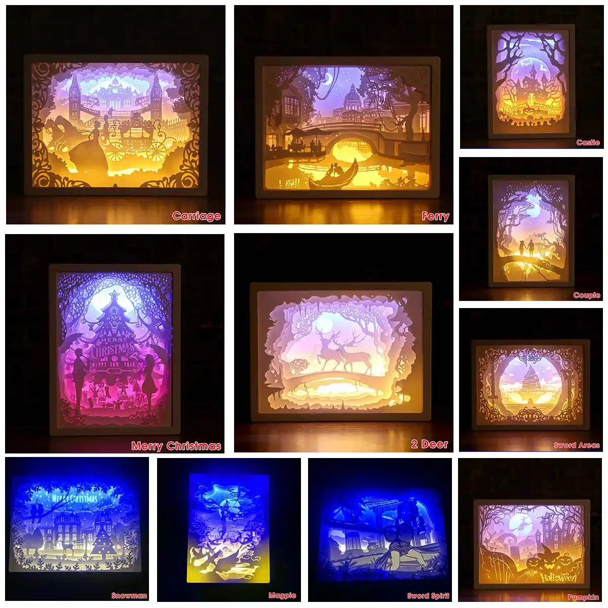 Halloween Christmas 3D Paper Carving Light LED Night Light Bedside Desk Table Lamp Carved CreativeGifts Kids Bedroom 집 꾸미기
