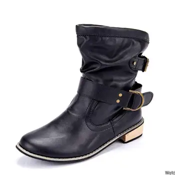 

New Monochrome comfortable motorcycle boots women's boots buckle belt casual shoes women winter women's boots