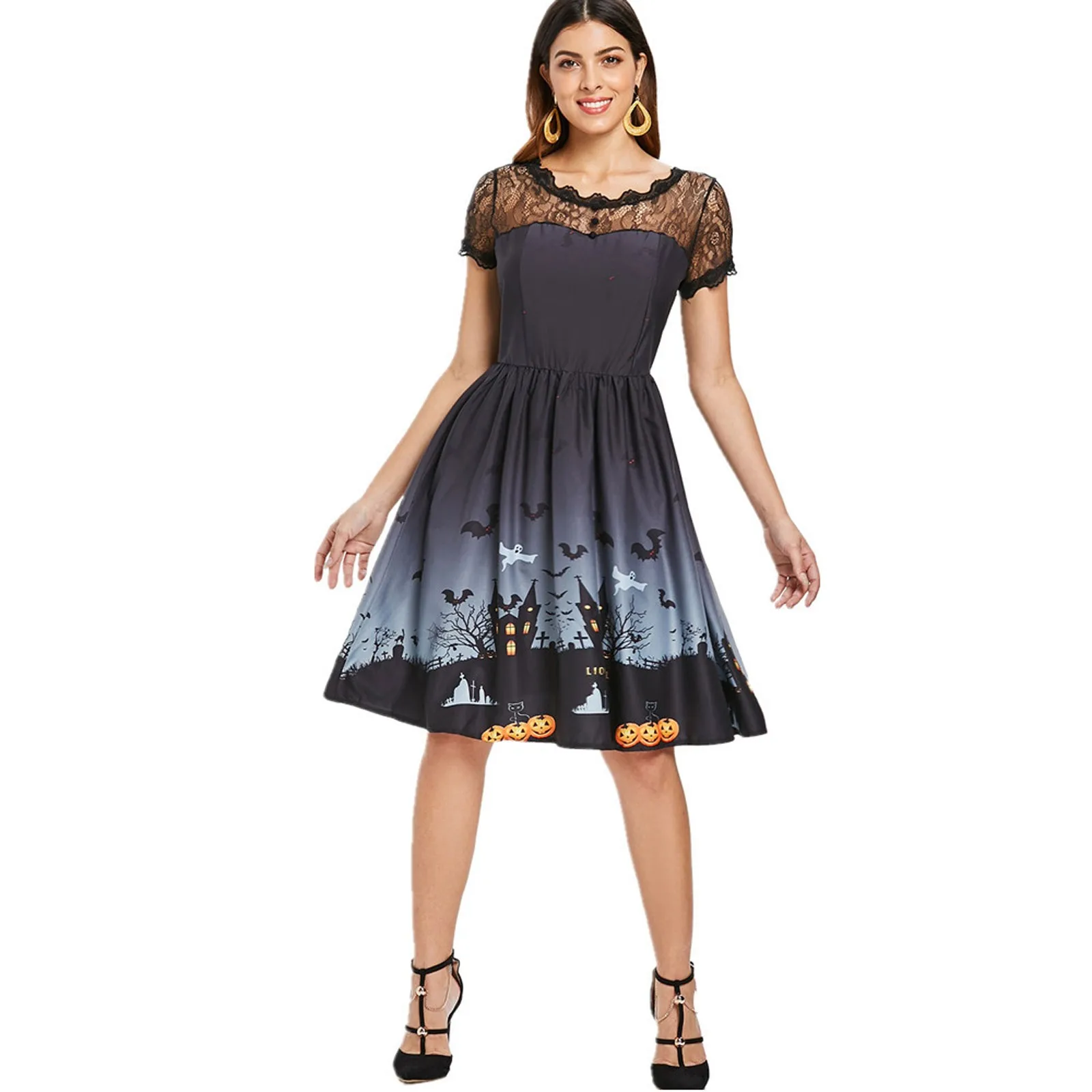 2021 Women Short Sleeve Halloween Retro Lace Vintage O-neck Dress A Line Pumpkin Castl Dress Plus Size Party Dresses Vestidos 1