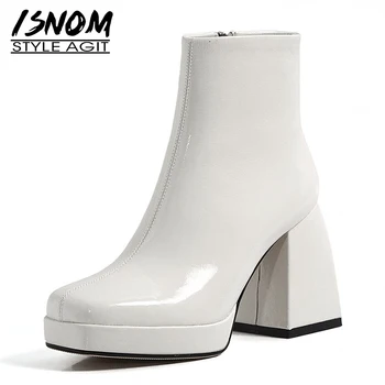 

ISNOM Patent Leather Ankle Boots Women Block Heel Booties Square Toe Platform Shoes Woman Chunky High Heels Boot Ladies Shoes